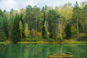 Obraz premium Autumn lake in the middle of forest. Rustic autumn landscape.