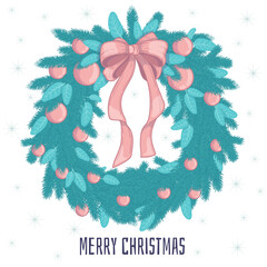 Christmas, decorative wreath on the door, leaves, fir branches and Christmas decorations. Isolated, festive element for design, web pages, printing, holiday cards