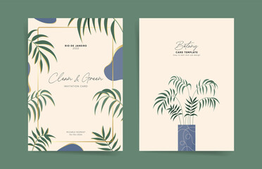 Minimal wedding invitation card template design with tropical plant. Palm tree background layout with minimalist design for greeting invite card, brochure, flyer or poster. Colonial vintage style. 

