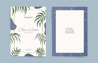 Minimal wedding invitation card template design with tropical plant. Gold palm tree background with minimalist design for greeting invite card, brochure, flyer or poster. Colonial vintage style. 
