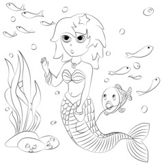 Coloring book for children. The little mermaid walks the fish on a leash. The task for children can be used in a book, magazine.