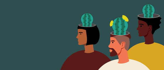 People with mental disorders, Self-help group, Copy space template, Flat vector stock illustration with People with cactus, Bipolar, Borderline Disorder with place for text