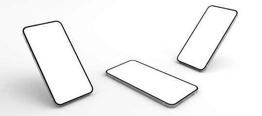 3D rendering of mockups Smartphones white screen on white floor, Mobile phone lay down on the ground. Smartphones white screen can be used for commercial advertising, Isolated on white background.
