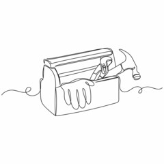 Vector continuous one single line drawing of toolbox full of tools in silhouette on a white background. Linear stylized.