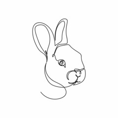 Vector continuous one single line drawing of bunny rabbit face head logo in silhouette on a white background. Linear stylized.