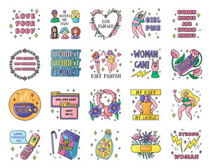 Feminism and body positive cute sticker set. Girl power, feminists, love yourself vector illustrations on white background. Women empowerment, support, feminism, gender equality, beauty concept