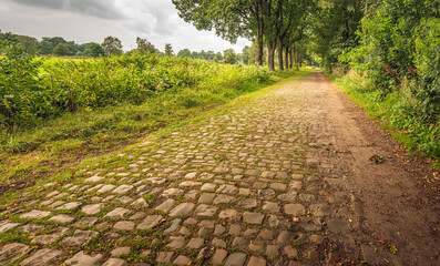 Cobblestone road on the edge of the Dutch town of Oosterhout in the province of North Brabant. It...