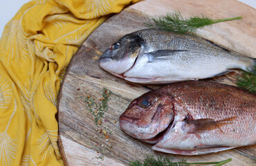 Raw Gilt-head Bream of two different types on a table. Fresh fish on cutting board. Eating fresh concept. 