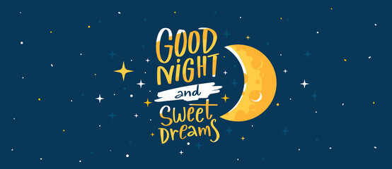 Vector night illustration of wish lettering good night and sweet dreams on blue sky background with light crater moon. Art design with text and star © wowomnom