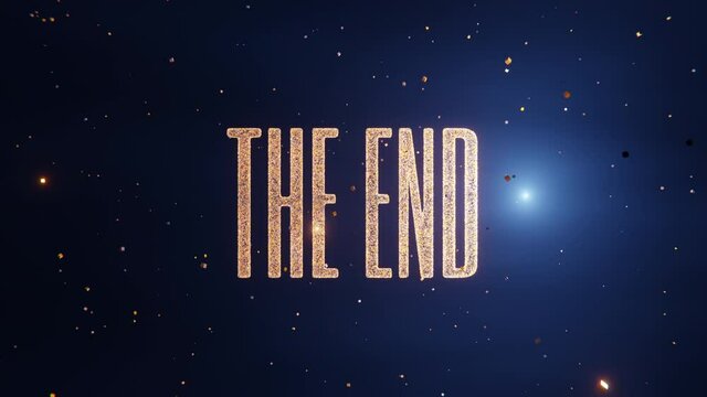 The end text card for a movie ending made of shiny glittering gold with flashing confetti cubes falling
