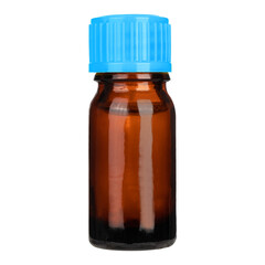 Medical glass Bottle. Medicine bottle of amber glass with blue cap isolated on white background....