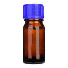 Small poison bottle with blue cap isolated on white background.