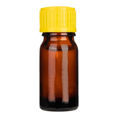 Medicine bottle of amber glass with yellow cap isolated on white background. Mock-up.
