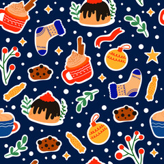 Christmas seamless pattern with cute winter elements,  candy, gingerbread and branches. Vector