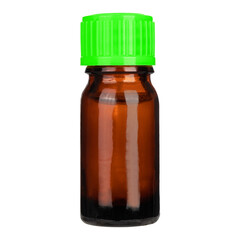 Medicine bottle of amber glass with green cap isolated on white background. Mock-up.