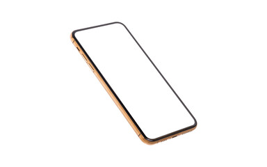 gold smartphone mockup with blank screen isolated on white background.