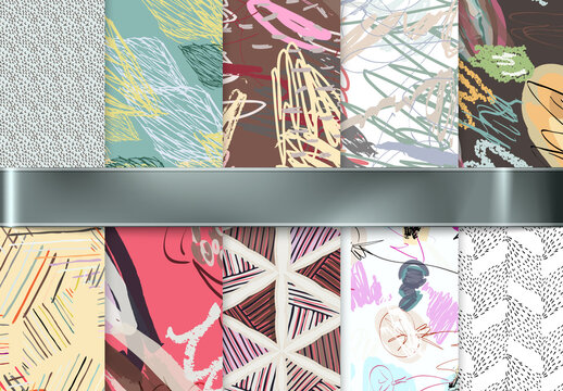 Seamless Pattern Collection with Hand Drawn Rough Abstract Strokes and Floral Elements