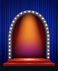 Shining light arch with podium on the blue curtain wall background
