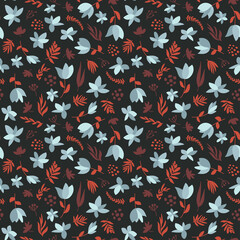Seamless ditsy floral pattern in pastel grey blue, dusty red and black. All over flower print. 