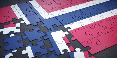 Messy pieces of puzzle with flag of Norway. 