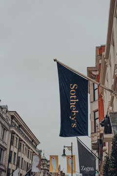 London, UK - October 02, 2021: Flag Outside Sotheby's Auction House On New Bond Street In London, UK.