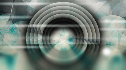 Black and white future technology vision design innovation concept. Science fiction futuristic 3D illustration. Sci fi technology pattern big hall room with lights and circle shaped. Dark background