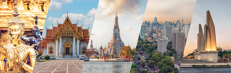 Bangkok city famous landmarks collage. - obrazy, fototapety, plakaty