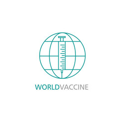 World vaccination vector banner. COVID-19 Coronavirus vaccine syringes needles are injected around planet Earth.