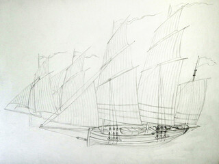 Pencil sketch on paper of sailing ship
