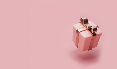 Levitating pink gift box with rose gold ribbon with copy empty space banner, mockup 3d render.