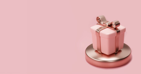 Pink gift box with rose gold ribbon on podium with copy empty space, mockup 3d render.