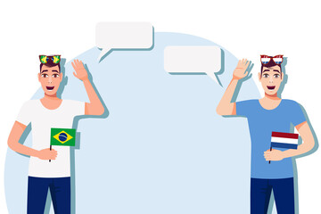 Men with Brazilian and Dutch flags. Background for the text. Communication between native speakers of the language. Vector illustration.