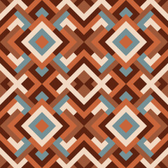 Abstract seamless pattern. Vector geometric background of triangles in blue and brown colors. Mosaic texture for textile, clown, carpeting, warp, book cover, clothes