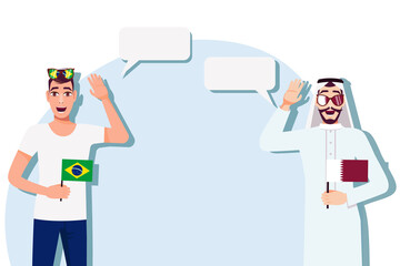 Men with Brazilian and Qatari flags. The concept of international communication, education, sports, travel, business. Dialogue between Brazil and Qatar. Vector illustration.