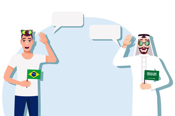The concept of international communication, sports, education, business between Brazil and Saudi Arabia. Men with Brazilian and Saudi flags. Vector illustration.
