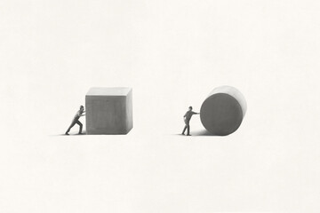 illustration of business men pushing different solid shape, surreal smart strategy concept