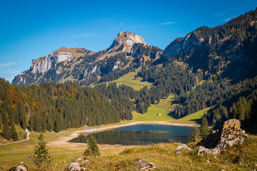 Fototapeta na wymiar Lake Saemtisersee with the Hoher Kaset mountain in the background