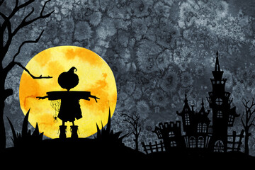 Black silhouette of a garden scarecrow, bright moon, gothic castle, textured night background. Hand drawn watercolor illustration. Halloween design, horror scenes