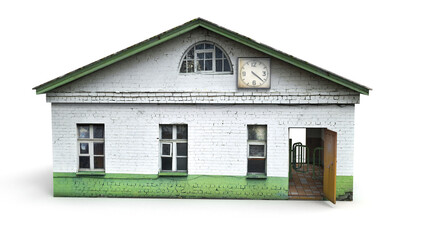 3D rendering of an old wooden building on a white background