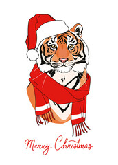 New Year card with tiger in santa hat. Vector holiday card with the inscription Merry Christmas