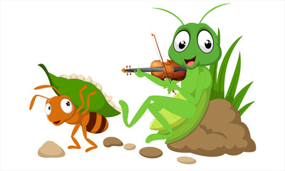 Cute ant & grasshopper cartoon Premium Vector