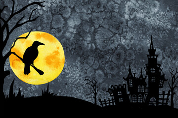 Black silhouette of a crow, bright moon, gothic castle, textured night background. Hand drawn watercolor illustration. Halloween design, horror scenes