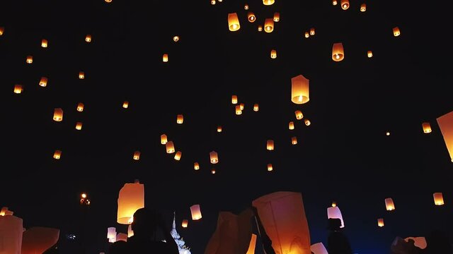 Sky lanterns, flying lanterns, floating lanterns, hot-air balloons Loy Krathong Festival in Chiang Mai Thailand.