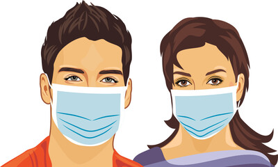 Young man and woman wearing medical masks