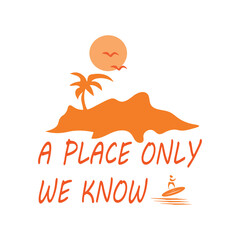 T-shirt design with island vintage style. Beach, summer, sea. Poster, paper and print. Illustration of land. Vacation, trip, nature landscape. Graphic tee. 