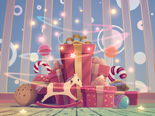 Christmas gifts such as present boxes, magic toy horse, sweets, candies, lollipops, ball and other toys in holiday glowing New Year room for happy kid. Fantasy illustration in vector.