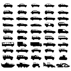 Set of black minimalistic icons of all kinds of cars. Easy to edit and enlarge vector illustration.