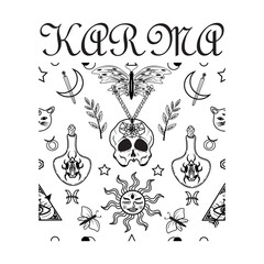 Karma. Illustration for unique clothing and apparel. T-shirt design, print and paper. Skull, butterfly, moon and sword symbol. Occultism. Gothic t-shirt. 