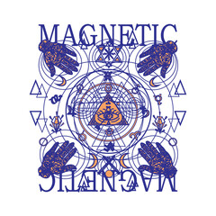 Gothic graphic tee design for clothing and underground music symbol. Rock, punk, gothic, skull. Occultism, fortunate, zodiac, tarot uses. Magic set symbol. Magnetic. Apparel. 