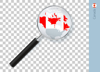 Canada map with flag in magnifying glass on transparent background.